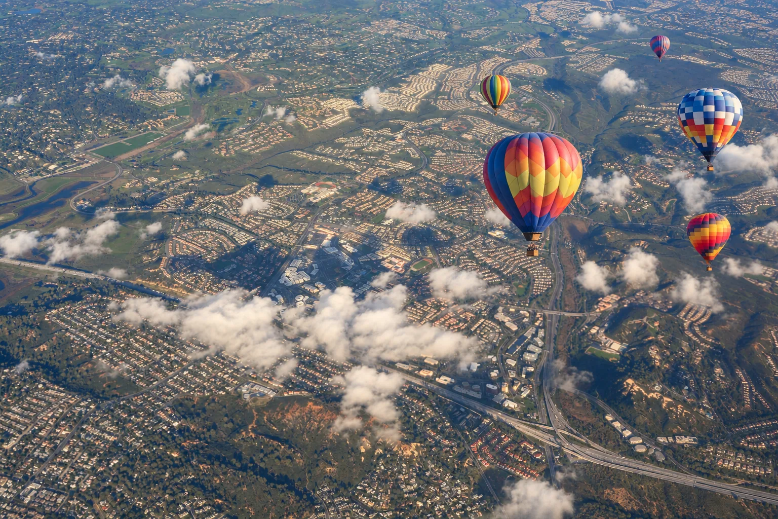 Aerial photograph of Carmel Valley and SR‑56 with colorful hot air balloons digitally added